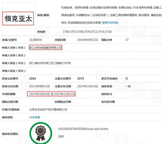 注重亚太市场！吉利注册领克亚太商标